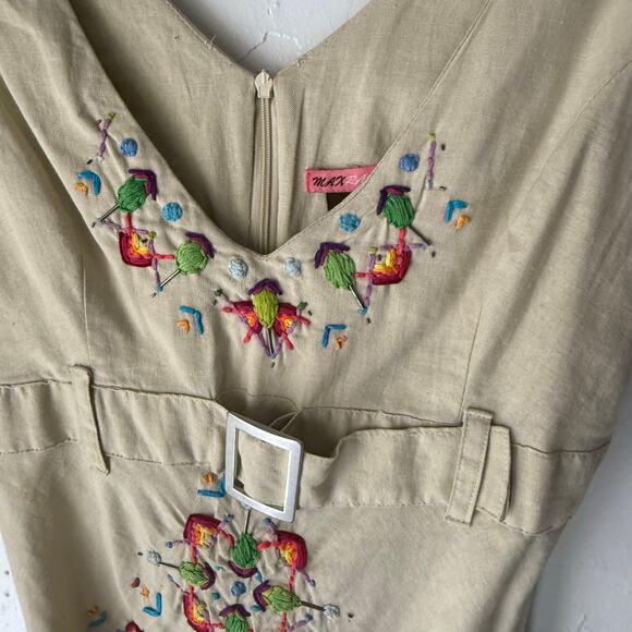 Y2K Max Rave‎ Beige Linen Mini Dress S Embroidered Floral Cottagecore - Picture 4 of 10